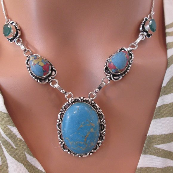 NATURAL TURQUOISE GEMSTONE LADIES UNIQUE NECKLACE EARRING SET - Picture 1 of 9